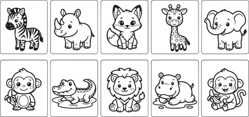 Fototapeta premium Kawaii Safari Animal Coloring Page Collection Featuring Zebra Rhino Fox Giraffe Elephant Monkey Crocodile Lion and Hippo 