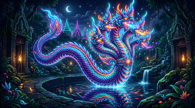 Mystical Naga Guardian: A multi-headed Naga serpent, shimmering with vibrant bioluminescent scales, guards an ancient temple complex under a crescent moon, exuding an aura of myth and magic.