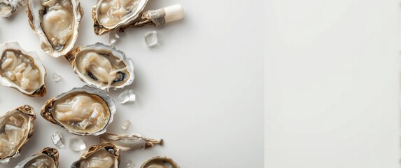 Obraz premium Overhead shot of opened oysters arranged on an empty surface with copy space