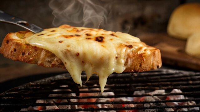 Melted cheese dripping from bread on a grill with steam rising.