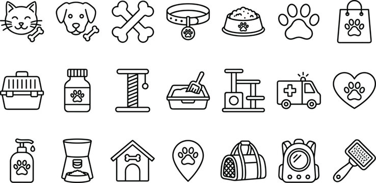 Pet care line icon collection featuring veterinary supplies grooming accessories animal services and pet shop symbols