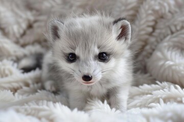 Naklejka premium Close up of a charming arctic fox cub resting on a cozy white blanket, showcasing its captivating gaze and delicate features