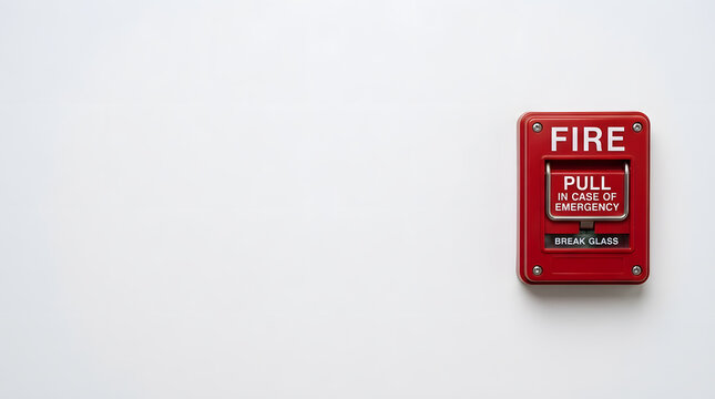 Red fire alarm manual pull station on white wall | Emergency fire safety equipment | Fire alarm box with break glass instructions | Industrial fire prevention system