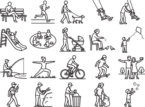 A collection of simple line drawings depicts various everyday activities and leisure pursuits, showcasing a diverse range of human engagement and hobbies.