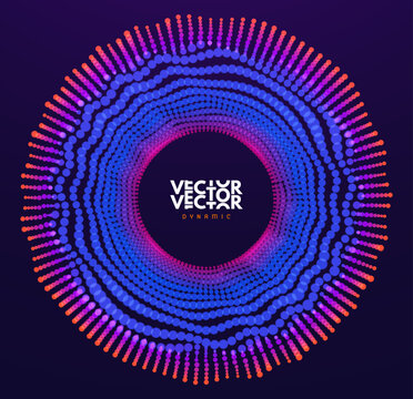 Dynamic particles. Technological context. Concentric circle. Ring of sound waves. Pulsation or vibration signal. 3D vector illustration for brochure, poster, cover, card, presentation, flyer or banner