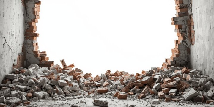 White background scene of a structure collapse with broken walls and loose bricks