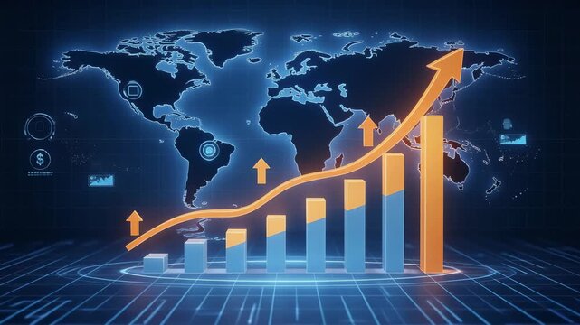 Global business growth chart with rising bar graph and upward arrows on world map background
