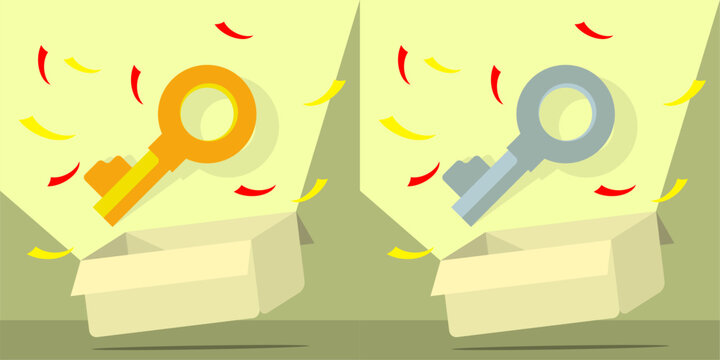 Golden and Silver Keys Popping from Gift Box, Treasure Key, Premium Reward Vector Illustration Set