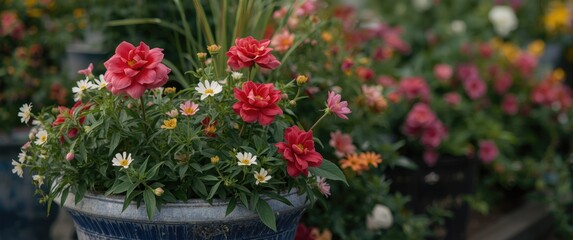 Fototapeta premium Vibrant container garden featuring lathyrus blooms and copy space for text