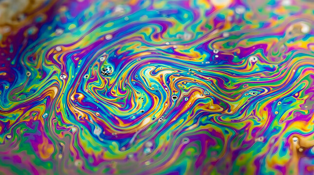 Iridescent Soap Bubble Swirls: A mesmerizing close-up of a soap bubble's surface, revealing a vibrant, swirling spectrum of rainbow colors and delicate bubbles, a tiny world of ephemeral beauty.