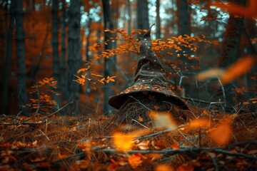 Obraz premium Pointed wizard hat lying on the forest floor covered with colorful autumn leaves