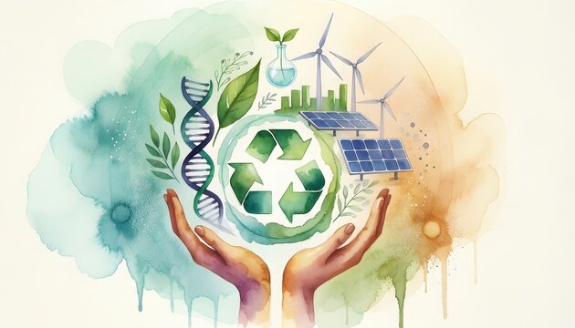 BCG innovation eco-friendly watercolor concept. Environmental sustainability concept with hands, recycling, DNA, and renewable energy
