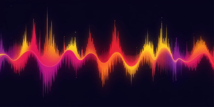 Sound wave background with glowing orange fire light energy on black backdrop, music waveform equalizer digital illustration design