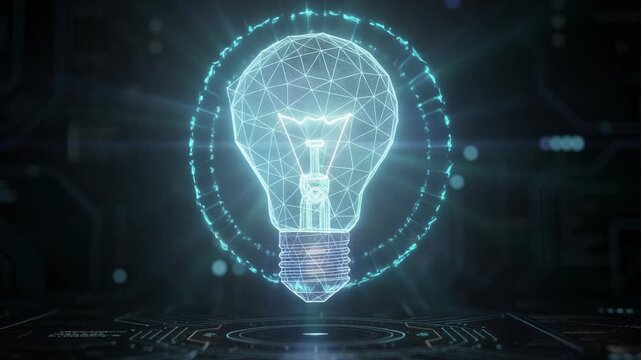 Futuristic glowing digital light bulb symbolizing innovation and technology with blue neon effects