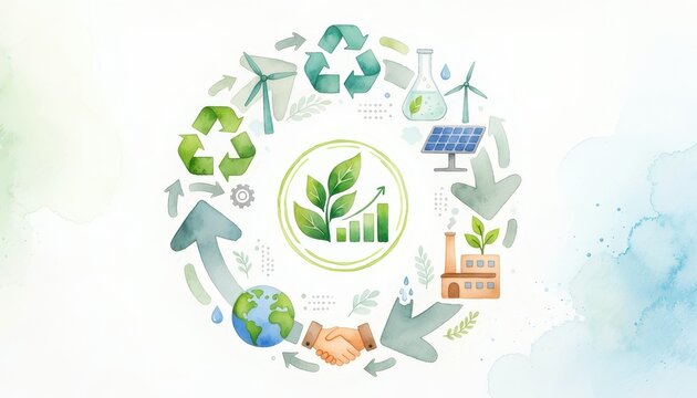 BCG innovation eco-friendly watercolor concept. Eco-friendly growth concept with renewable energy and recycling symbols.