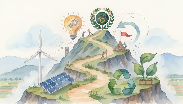 BCG innovation eco-friendly watercolor concept. Sustainable energy concept with wind turbine, solar panels, and recycling icons.