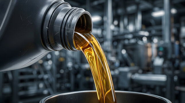 Pouring fresh motor oil from a bottle |automotive engine maintenance in a garage| synthetic lubricant for car engines| industrial oil change process| high viscosity engine oil pouring