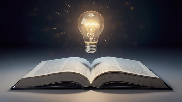 Open book with glowing light bulb above symbolizing knowledge creativity and bright ideas concept