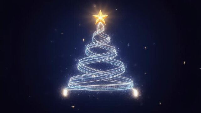 Glowing Christmas tree made of sparkling light ribbon with shining star on dark festive background
