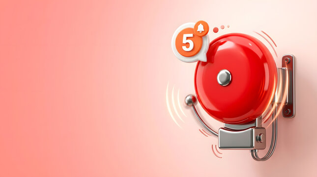 Red school bell 3d illustration for alerts | Digital notification icon with red alarm bell | Emergency alert system concept with five notifications | Minimalist red alarm bell ringing icon