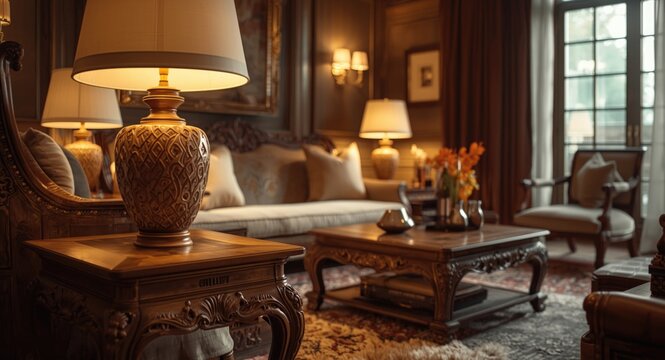 Sophisticated living room featuring handcrafted wooden furniture and warm lighting