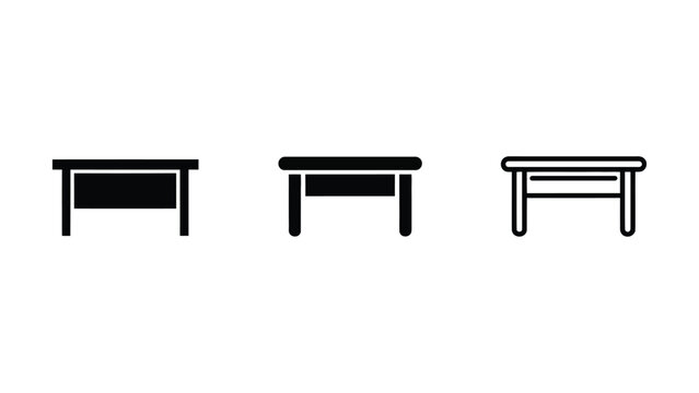 Three simple vector illustrations of a desk or table with legs and a surface shown from the front view