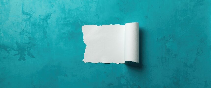 Irregular torn white paper exposing a deep turquoise graphic background