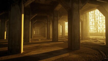 Fototapeta premium Interior scene with structural concrete pylons illuminated by ambient sunlight and undefined surroundings