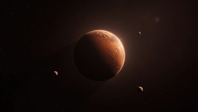 Space art banner portraying Mars with moons Phobos and Deimos in a solar system context