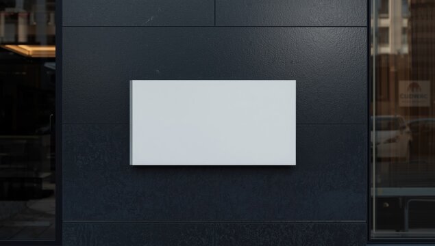 White rectangular logo mockup placed on modern dark wall with shiny glass windows for signage design