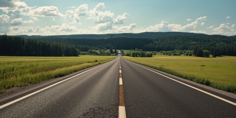 Summer countryside animated image showing a highway with tires marks amidst wide green meadows and forest