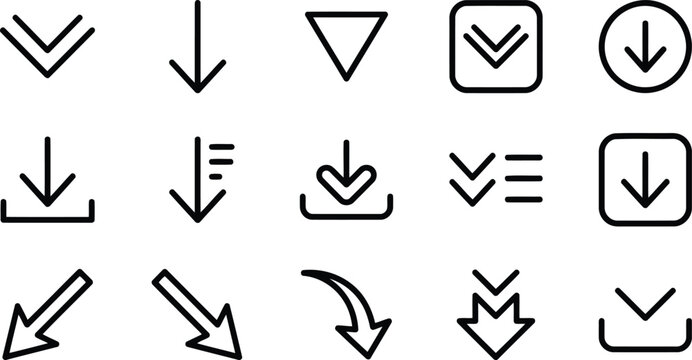Set of diverse downward pointing navigation arrows and download icons with download, interface