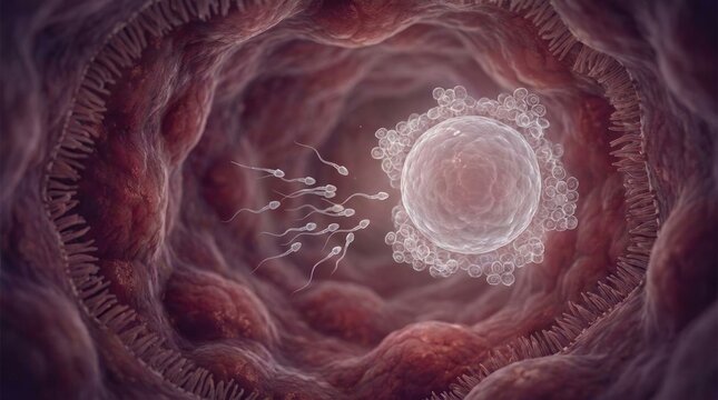 Genesis biological process: human reproduction, sperm navigation, ovum fertilization, embryonic development, female system, internal view, cellular journey, uterine process.
