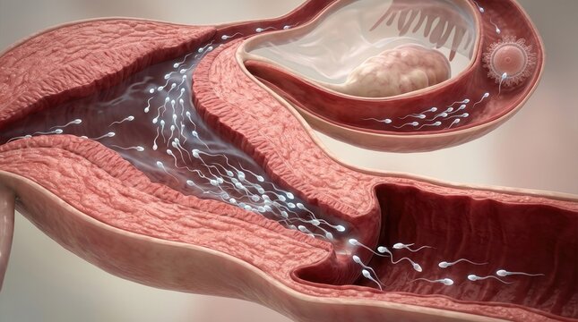 Reproductive biological journey: human sperm navigation, ovum fertilization, embryonic development, female system, internal view, human conception, fallopian tube, cell division, zygote formation.