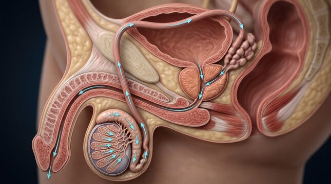 Human male biology: internal view, sperm navigation, reproduction journey, seminal process, gamete develop, biologic system, life creation, cellular division, future embryo.