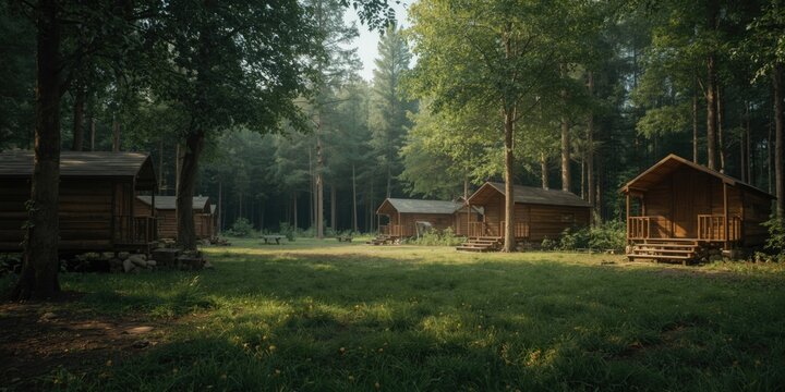 Spacious empty camp site with multiple camping pods and copy space