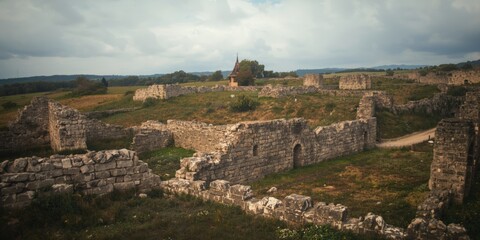 Fototapeta premium Historic site showing decayed stone structures and earthworks