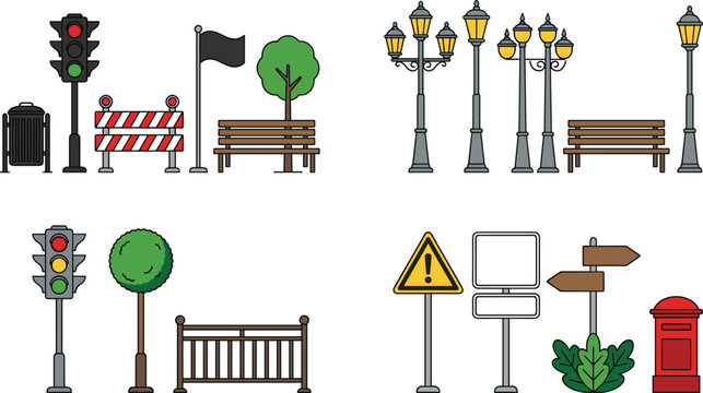 Urban Street and Park Elements Illustration with Traffic Lights, Benches, Trees, Signs, and Decorative Lamp Posts