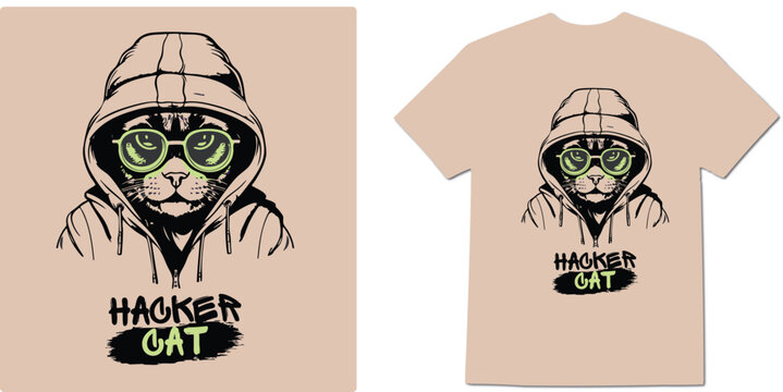 Hacker Cat Illustration With Hood And Sunglasses A Graphic Design For Apparel feline animal mammal
