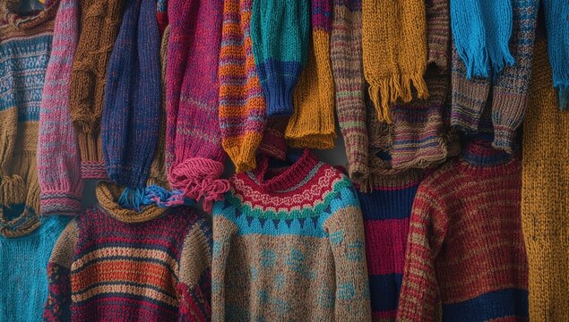 Colorful children&acirc;&euro;&trade;s hand knitted sweaters given in charity with a vivid backdrop