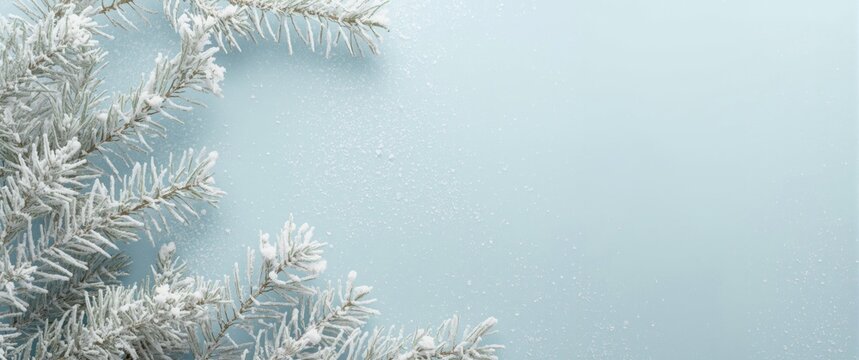 Winter holiday flat lay with white fir boughs decorated lightly with snow on light blue