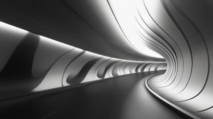 Fototapeta premium Abstract grayscale image of a futuristic, curved tunnel with bright light at the end.