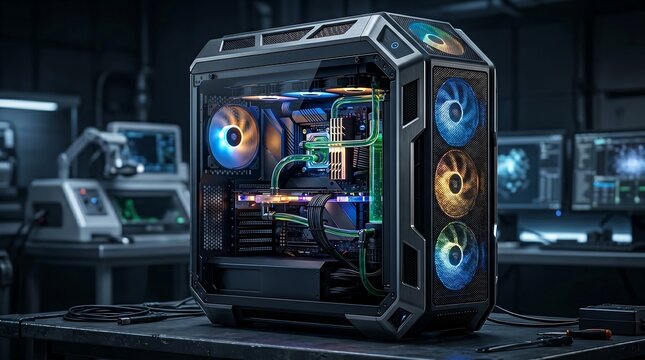 Illustration High performance custom gaming pc tower with liquid cooling and vibrant rgb lighting in a modern tech laboratory workspace setup Generated AI