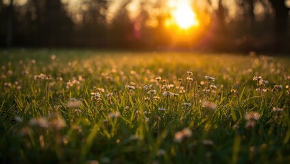Obraz premium Sunlit spring wildflowers spreading across vibrant green grass at dusk