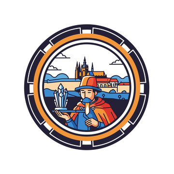 Illustrated medieval alchemist holding crystal with castle backdrop.