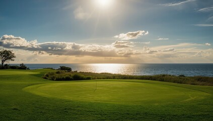 Idyllic green golf course view with shimmering water and warm sunlight breaking clouds