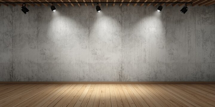 Simple room with flat concrete wall bright wooden floor and ceiling spotlights mockup