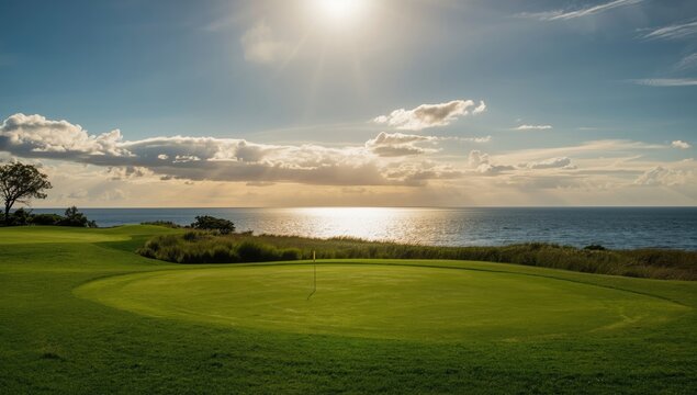 Idyllic green golf course view with shimmering water and warm sunlight breaking clouds