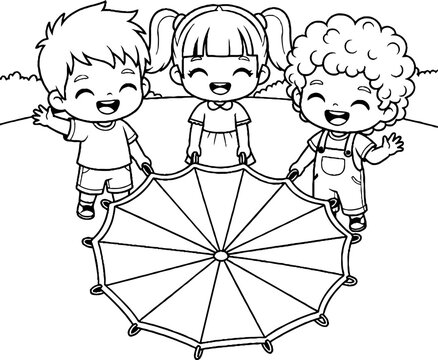 Three happy children playing together with large parachute toy.