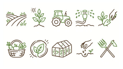 Agriculture and organic farming linear icon set in green and brown © rofikgraph24